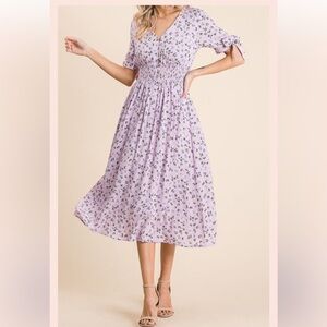 Pinkblush Purple Midi A-Line Dress with Smocked Pleats